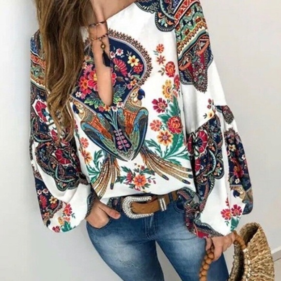 Primped Peach Tops - Boho Floral V-Neck Top